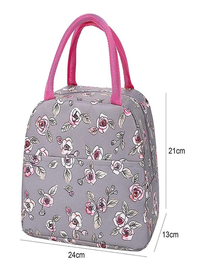 Flywind Insulated Lunch Bag for Women Small Lunch Leakproof Bag for Office, Work, School, Picnic Beach or Travel (Rose Flower Grey) - Image 5